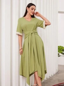 Modelyn Women's Solid Color Plain & Simple Pearl Decorated Cuff Long Dress - Green - View 1