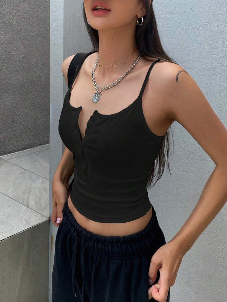 Solid Color Half-Button Front Cropped Camisole Top