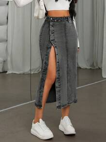 SHEIN ICON Falda De Mezclilla Ajustada Con Abertura Alta