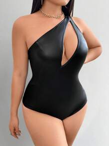 Allurite Plus Size One-Shoulder Hollow Out Bodycon Bodysuit - Black - View 3
