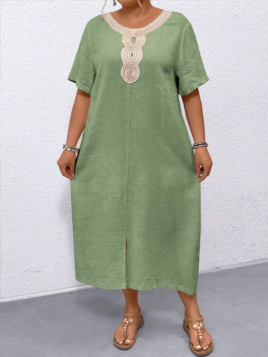 SHEIN LUNE 大尺碼女式寬鬆短袖連衣裙,帶拼接編織腰帶 - 綠色 - 查看 1