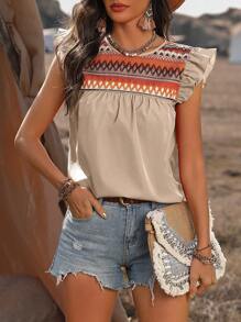 EMERY ROSE Women's Geometric Printed Round Neck Cap Sleeve Blouse Tops - Apricot - View 6