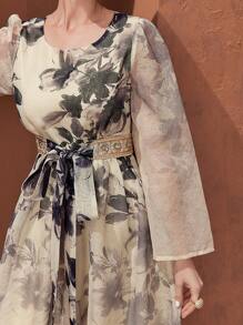 Modelyn 女士花卉泡泡印花长袖圆领连衣裙长款晚礼服 - 彩色 - 查看 5