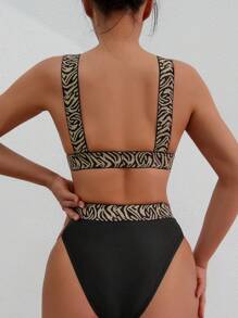 SHEIN Swim Conjunto de bikini de dos piezas con estampado de cebra para mujer, playa de verano