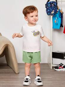 SHEIN Bebis Pojkar Tecknad Film Bokstavstryck Runda Hals T-shirts Med Regelbunden Shorts Set - Grön - Visa 3