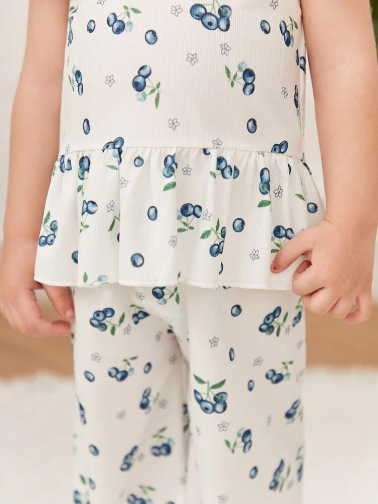 Baby Girl Cute Girly Knitted Digital Printed Blueberry Short Sleeve Top With Open Side Collar And Loose Hem, Matched With Long Pants And Headband 2pcs Home Outfit Set
