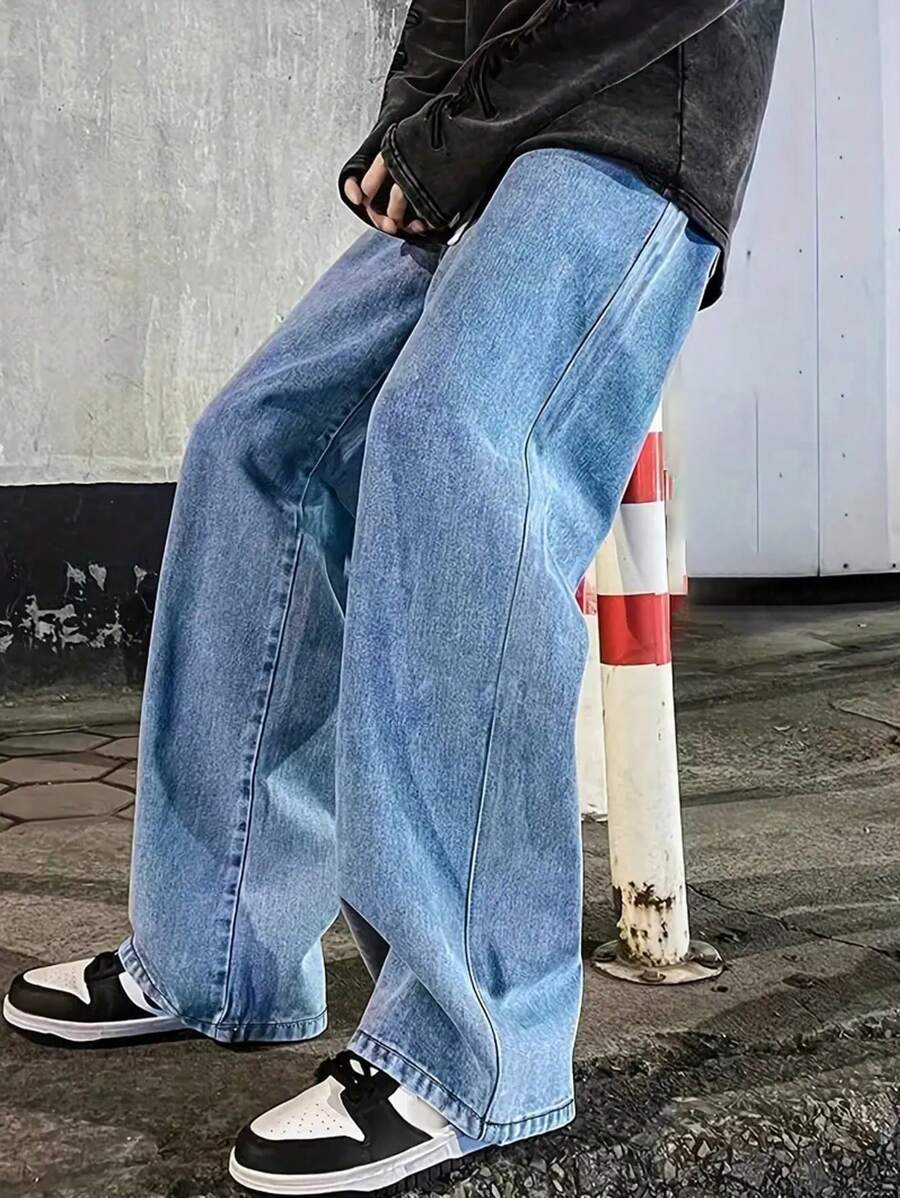 Men's Elastic Waist Wide Leg Jeans - Medium Wash - View 1