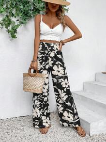 Breezaya Women's High Waisted Flower Printed Wide Leg Vacation Pants Fall Cloth For Women - Black - View 5