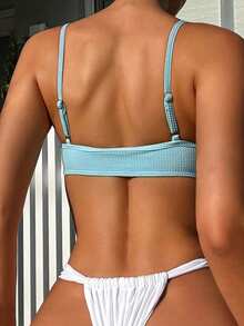 SHEIN Swim 女士纯色比基尼上衣，夏季沙滩泳装 - 薄荷藍 - 查看 3