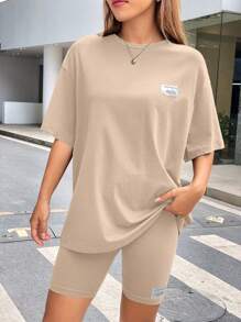 SHEIN EZwear Letter Print Drop-Shoulder T-Shirt And Cycling Shorts Knit Set - Khaki - View 3