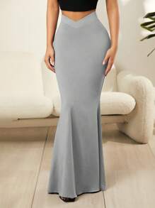SHEIN SXY Solid Color V-Waist Fish Tail Maxi Skirt - Grey - View 1