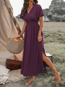 EMERY ROSE Vestido largo de mujer monocromático con cintura fruncida y abertura lateral