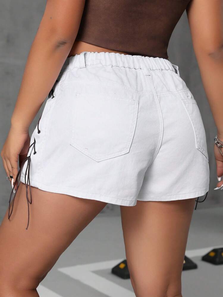 Plus Size Women's Denim Shorts With Side Lace-Up Detail