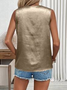 EMERY ROSE Metallic V-Neck Sleeveless Blouse For New Year Holiday Party Clothes - Gold - View 2