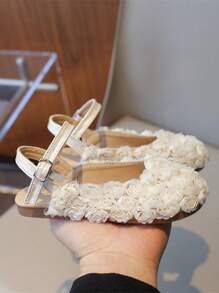 Sapatos De Princesa Da Moda Com Design De Flor De Renda Para Crianças Com Sola Macia, Sandálias De Ponta Fechada, Sapatos Baixos