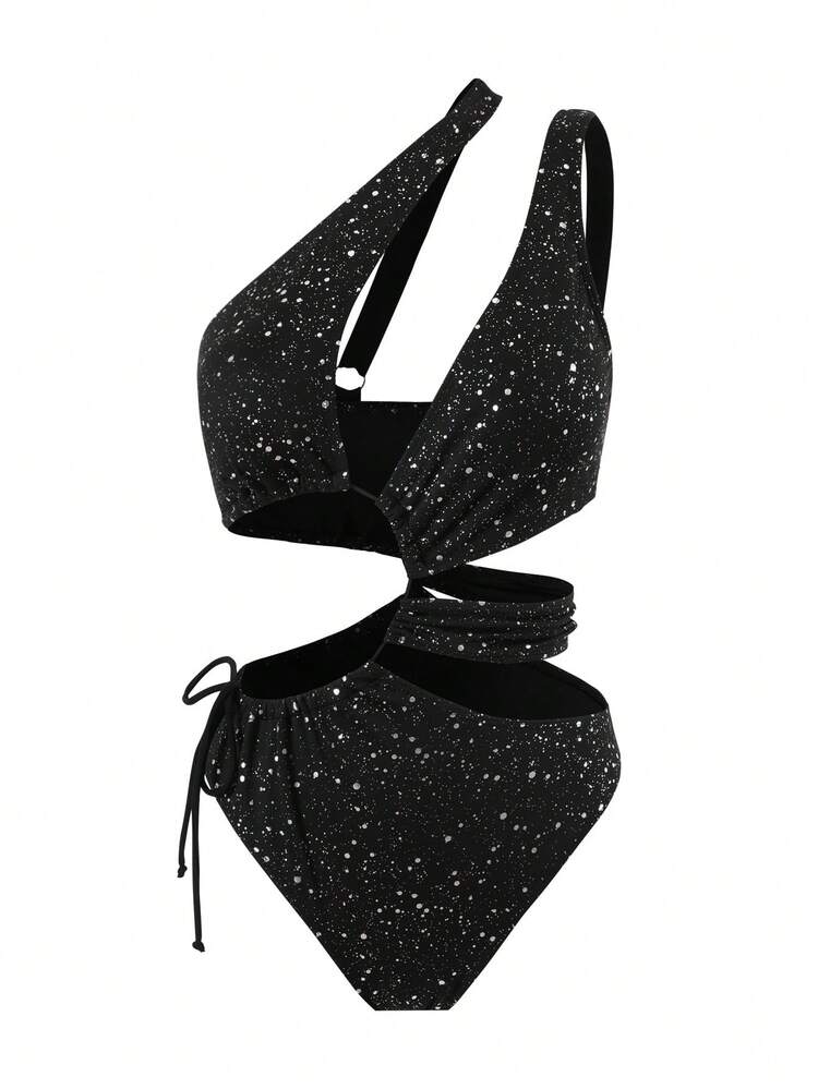 Women Fashionable Asymmetrical Neck One-Piece Swimsuit With Rhinestone Decor, Black, For Summer, Beach, Vacation, Travel, Festival, Swimming Pool