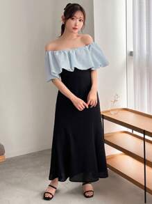 FRIFUL Women's Colorblock Off Shoulder Midi Dress,Ruffle