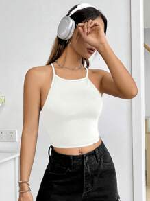 SHEIN Unity Của phụ nữ Màu thuần Không lưng Áo hai dây Với Buộc lại - trắng - Xem 4