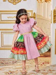SHEIN Young Girl Round Neck Bubble Sleeve Ethic Style Printed Layered Ruffle Patchwork Dress - Pink - View 4