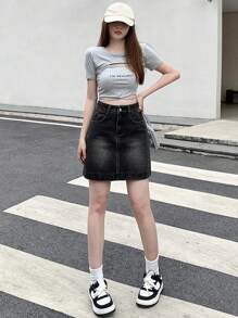 Dazy Designer 洗水牛仔直筒裙,帶斜口袋,休閒時尚 - 黑色 - 查看 2