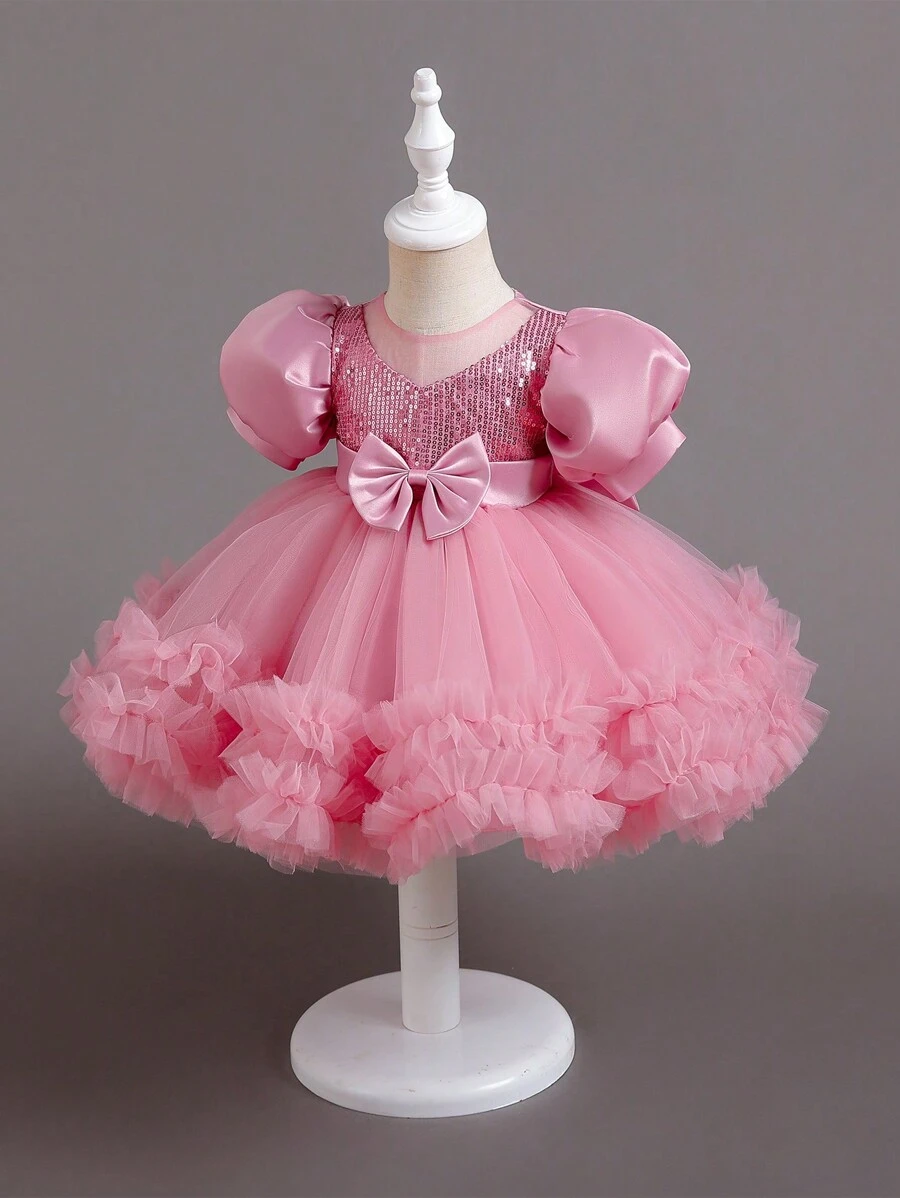 SHEIN Glamorique Kids Baby Girl Mesh Sequined Birthday Party Casual Princess Dress For Gathering