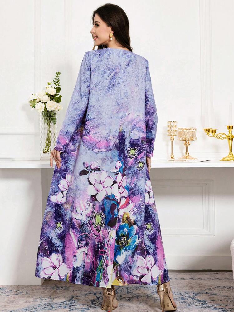 Full Printed Glitter V-Neck Long Sleeve Arabian Dress