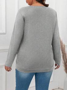 Celure Plus Size Women's Sequin Patchwork Waist Tie Long Sleeve T-Shirt - Grey - View 2