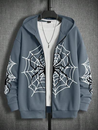 Manfinity BRENVOR Loose Fit Men's Spider Web Printed Zippered Hoodie Without T-Shirt, For Fall, Winter, Long Sleeve Top
