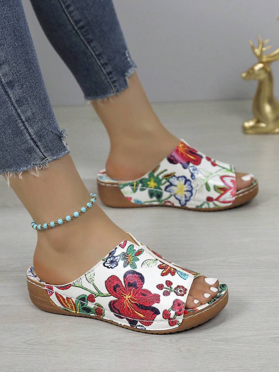 New Spring Summer Bohemian-Style Floral-Stitched Buckle Women's High-Heeled Platform Sandals With Pu Sole (Small Hole Design) - Random Color Valentines,Travel Essential