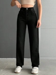 EURMUSE Jeans Rectos De Color Sólido Para Mujeres - Negro - Ver 4