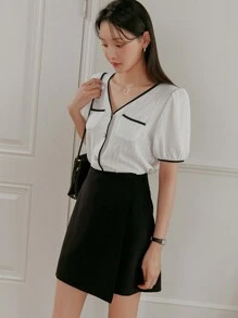 DAZY Áo cánh tay bồng dáng rộng màu khối có cổ chữ V mùa hè cho nữ, trang phục công sở thường ngày - trắng - Xem 4