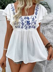 SHEIN LUNE Women's Summer Square Neck Embroidered Short Sleeve Shirt Peplum Top