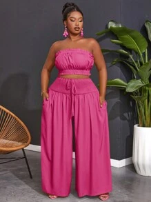 Slaydiva Conjunto de top sin tirantes con volantes y pantalones de pierna ancha en unicolor para mujer talla grande - Rosa Fucsia - Ver 1