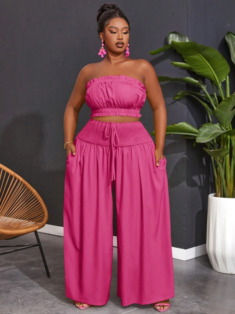 Slaydiva Conjunto de top sin tirantes con volantes y pantalones de pierna ancha en unicolor para mujer talla grande - Rosa Fucsia - Ver 1