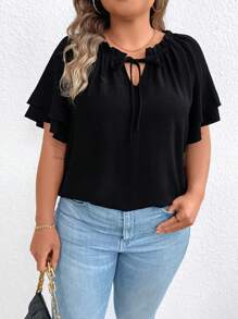 EMERY ROSE Kích thước lớn Của phụ nữ TIE-NECK Ruffle Cắt tỉa Áo sơ mi Với Bùng nổ - màu đen - Xem 5