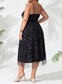 Celure Plus Size Butterfly Printed Mesh Splice Cami Dress