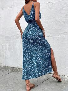 Breezaya Floral Print High Slit Spaghetti Strap Dress - Teal Blue - View 2