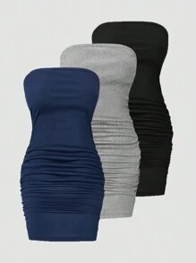 Chiquease 3pcs/Set Women's Tube Top Bodycon Dress With Ribbed Dress Set - Multicolor - View 1
