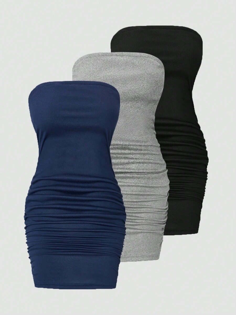 Chiquease 3pcs/Set Women's Tube Top Bodycon Dress With Ribbed Dress Set - Multicolor - View 1