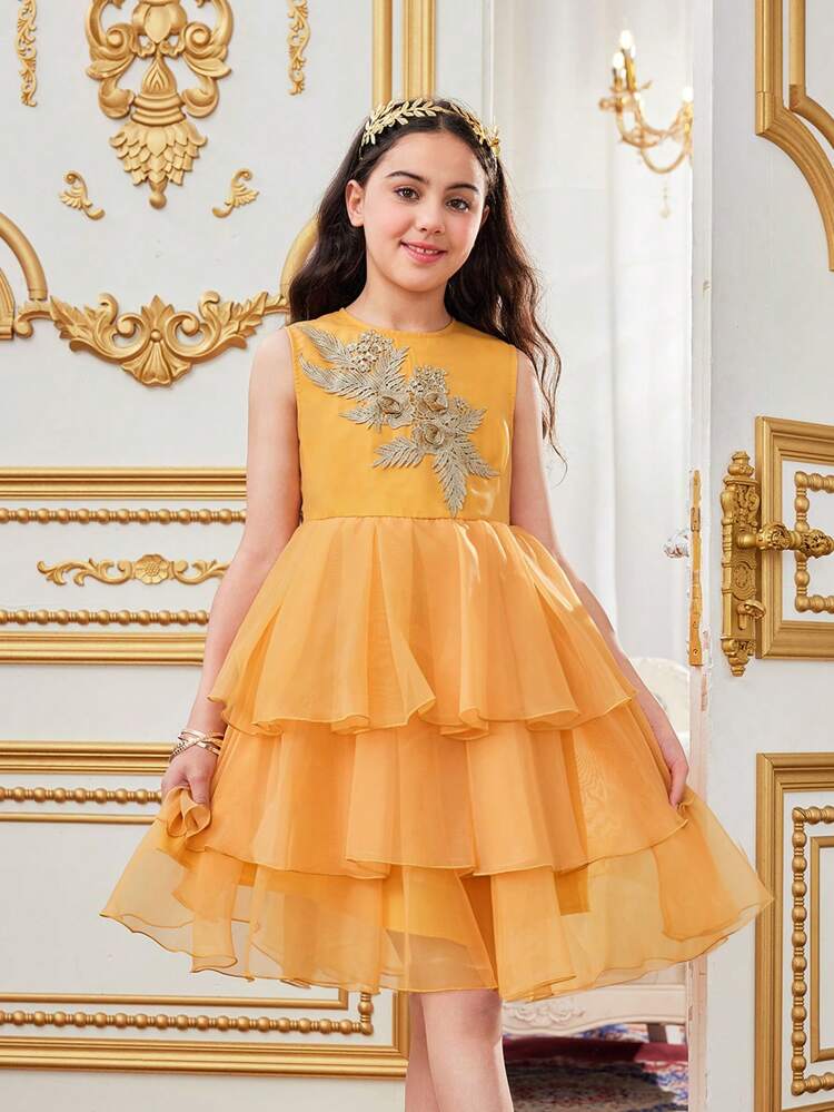 Tween Girls' Floral Applique Tiered Mesh Tank Dress