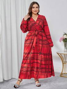 Modelyn Kích thước lớn In Dây chuyền Cổ chữ V Đầm giản dị - Đỏ - Xem 6