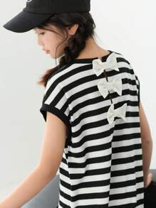 SHEIN Tween Girl Loose Casual Bow Decorated Loose Striped Dress