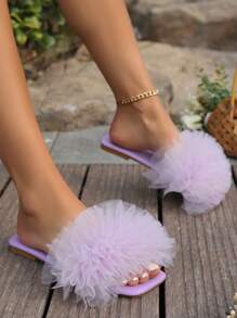 Women's Purple Spring/Summer Fashionable Flat Sandals With Pleated Mesh Sheer, Peep Toe, Comfortable Square Toe