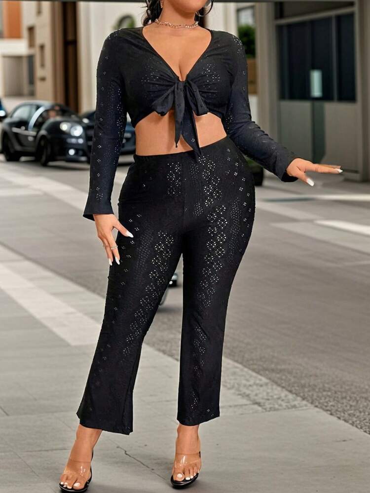 Plus Size Plain Hollow Out Embroidery Tie Front Crop Top And Flared Pants Set