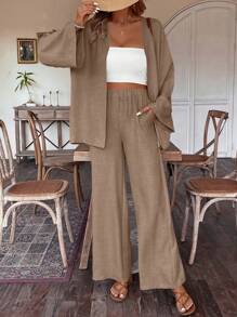 EMERY ROSE 2pcs Women Linen Jacket And Linen Wide Leg Pants Set, Spring/Summer - Khaki - View 4