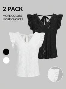 SHEIN Frenchy Women's 2 Pieces Black And White Skeleton Embroidered Ruffle Hem T-Shirt,Summer Elegant Backless Lace Splicing Tee,Casual Vacation Tops - Multicolor - View 12
