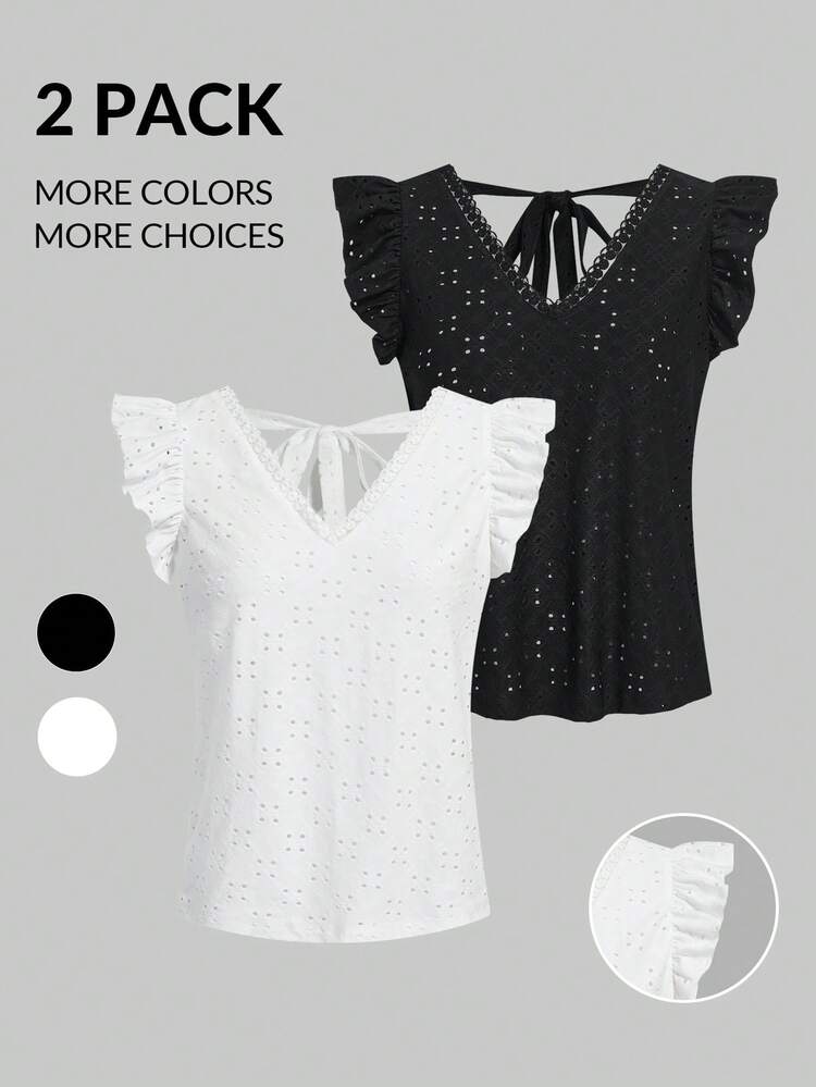 Women's Black And White 2 Pieces Colorful Skeleton Embroidered Ruffle Hem T-Shirt, Women's Solid Color Skeleton Embroidered Ruffle Hem T-Shirt, Backless T-Shirt Two Pieces, Collision Lace Splicing On The Neckline, Suitable For Casual Vacation, Going Out Everyday Summer