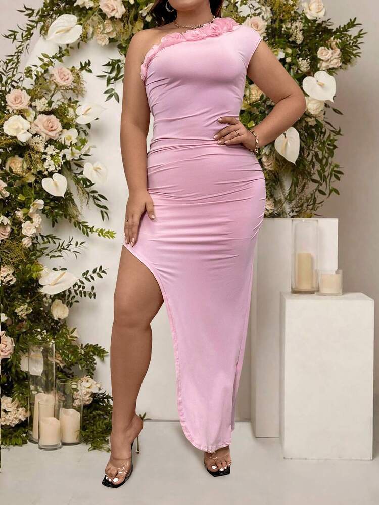 Plus Size Solid Color Oblique-Shoulder Slit Dress With 3d Flower Embellishments, Wedding Guest Dress