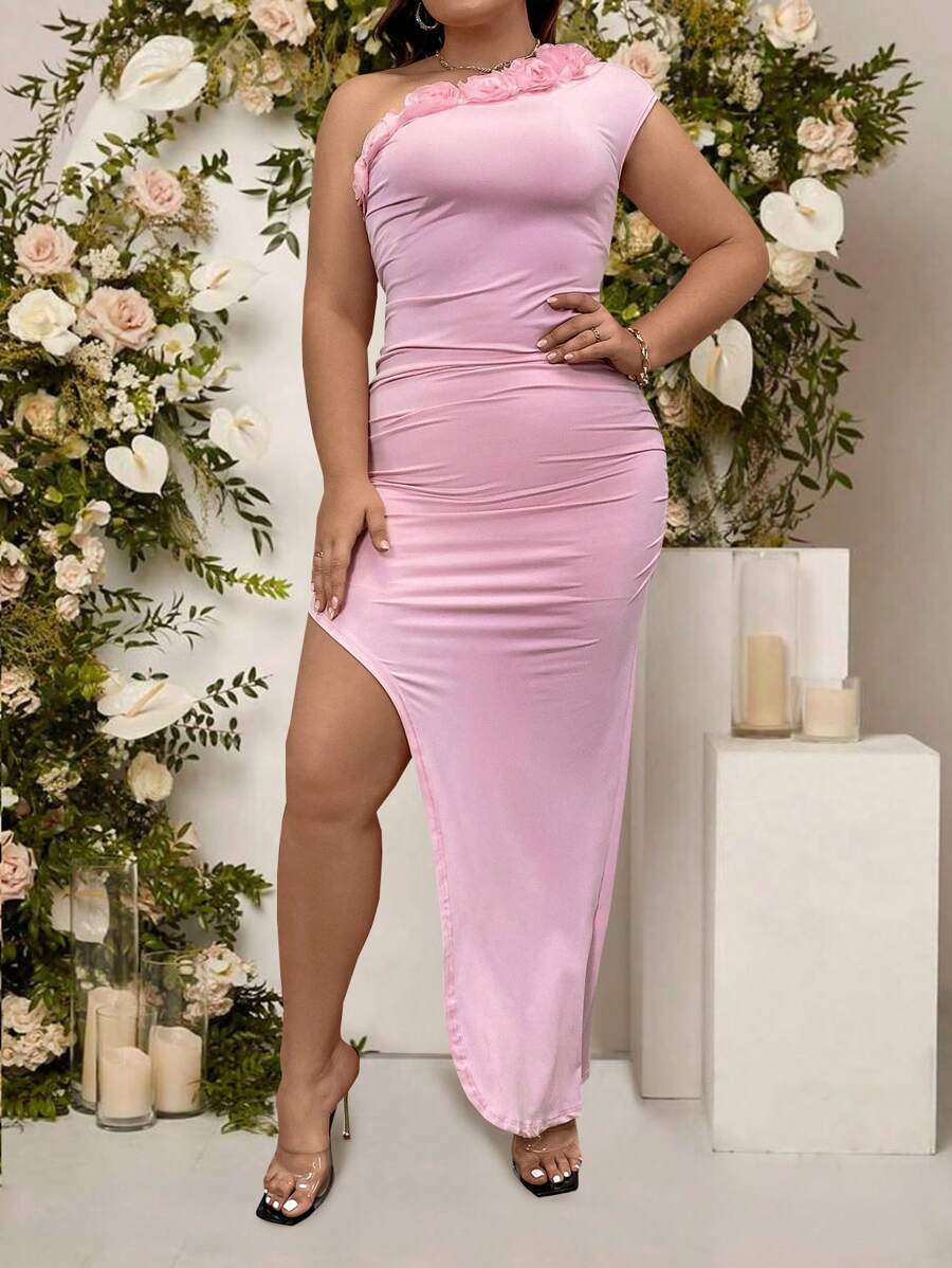 SHEIN Belle Plus Size Solid Color Oblique-Shoulder Slit Dress With 3d Flower Embellishments, Wedding Guest Dress - Pink - View 1