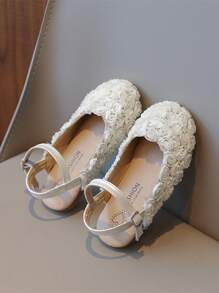 Sapatos De Princesa Da Moda Com Design De Flor De Renda Para Crianças Com Sola Macia, Sandálias De Ponta Fechada, Sapatos Baixos